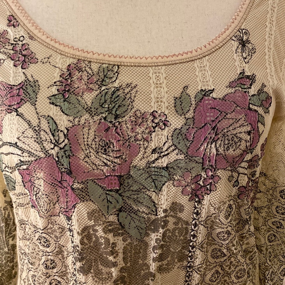 Vanilla Sugar vintage pink/green/cream floral lace pullover w 3/4 sleeves